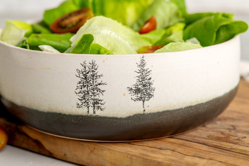 Large White Pottery Salad Serving Bowl, Handmade Ceramic Decorative Bowl, Black and White Serving Dish, Dinner Serving Dish with Tree Decor image 6