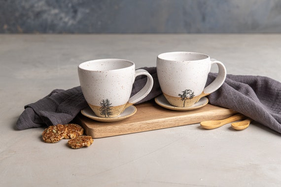SET of TWO Pottery Espresso Cups With Handle and Tree Prints, 2