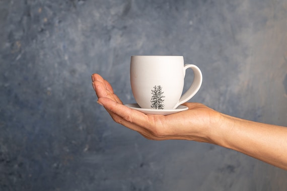 2 Espresso Cups With Handle, Set of 2 White Ceramic Cups With Tree Decals,  Pottery Modern Espresso Cups, Teacups / Small Coffee Mugs 