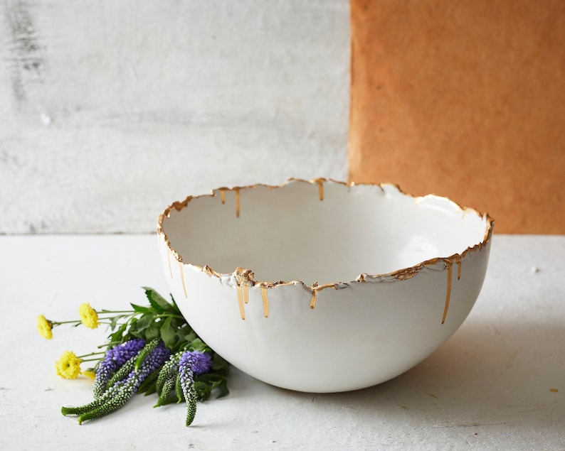 Large White Ceramic Bowl with Real Gold Rim, Decorative Deep Bowl, Entryway Bowl with Gold Drips Decoration, Large Serving Bowl image 1