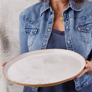 Extra Large White Ceramic Round Serving Platter, Ceramic Cake Plate, Pottery Handmade Modern Dinner Serving Dish, Unique Christmas Gift