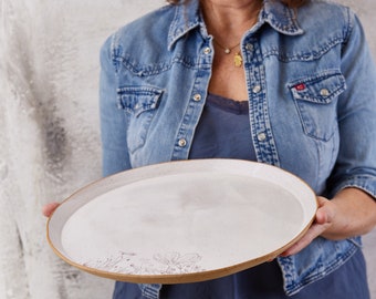 Extra Large White Ceramic Round Serving Platter, Ceramic Cake Plate, Pottery Handmade Modern Dinner Serving Dish, Unique Christmas Gift