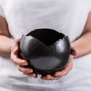 Large Black Planter With Drainage Hole and Saucer Egg Shape Vase image 1