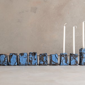 Handmade Modular Pottery Blue and Black Jewish Hanukkiah, Modern Textured Hanukkah Menorah, Jewish Wedding Gift, Made in Israel