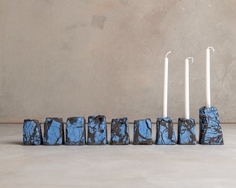 Handmade Modular Pottery Blue and Black Jewish Hanukkiah, Modern Textured Hanukkah Menorah, Jewish Wedding Gift, Made in Israel