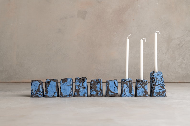 Handmade Modular Pottery Blue and Black Jewish Hanukkiah, Modern Textured Hanukkah Menorah, Jewish shops Wedding Gift, Made in Israel