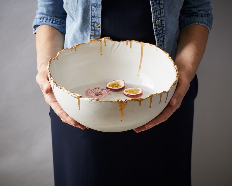 Large White Ceramic Bowl with Real Gold Rim, Decorative Deep Bowl, Entryway Bowl with Gold Drips Decoration, Large Serving Bowl image 2