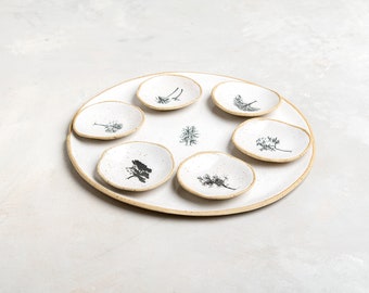 Large Platter and Six Small Serving Plates Set, Handmade Ceramic Chip and Dip Platter, Breakfast and Tapas Serving Platter, Wedding Gift