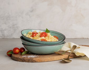 Set of TWO Turquoise Rustic Ceramic Pasta Bowls, Handmade Pottery Dinnerware Bowls Set, Shallow Large Soup Bowl, Salad Serving Bowls