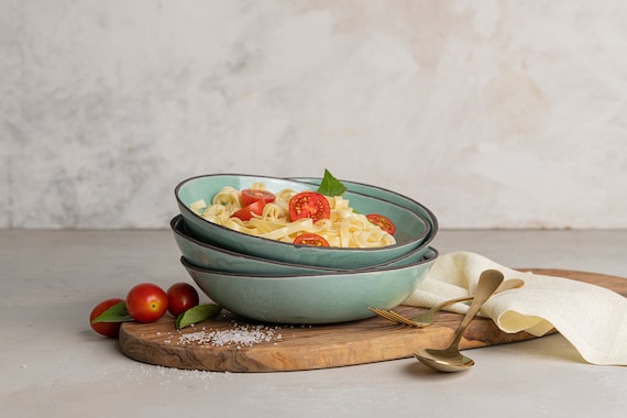 Set of TWO Turquoise Rustic Ceramic Pasta Bowls Handmade Pottery