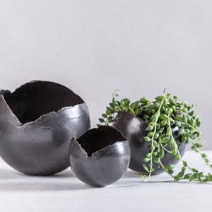 May include: Three black ceramic planters with an irregular, cracked surface. The largest planter is empty, while the middle planter is slightly smaller and the smallest planter holds a green succulent plant.