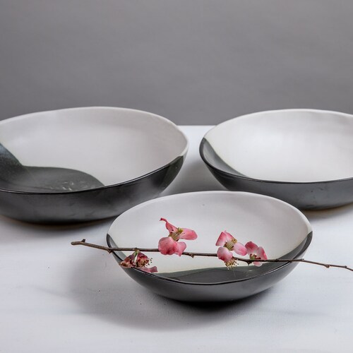 Black and White Ceramic Serving Bowl Round Serving Dish With Etsy