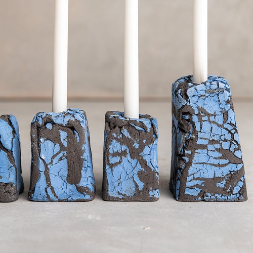 Handmade Modular Pottery Blue and Black Jewish Hanukkiah, Modern Textured Hanukkah Menorah, Jewish shops Wedding Gift, Made in Israel