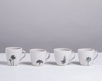 Set of 4 White Ceramic Espresso Cups with Tree Decals, Pottery Modern Espresso Cups Set, Handmade Tea Cups with Handle