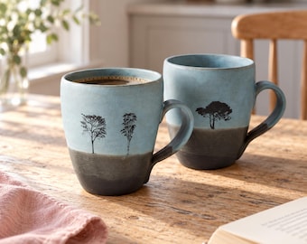Sky Blue & Black Ceramic Mugs, Set of 2 – Handmade 10 oz Tree Coffee Cups