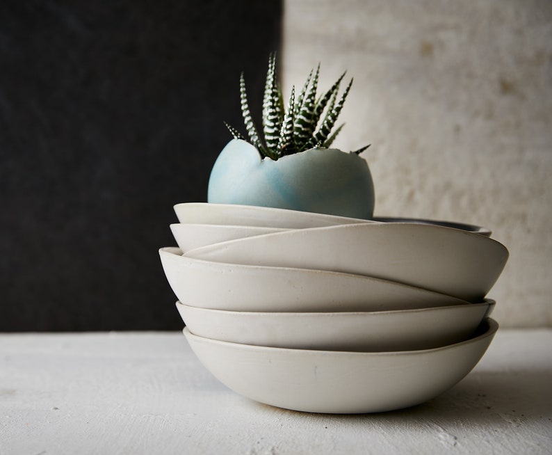 2 Ceramic White Pasta Bowls Handmade Rustic Pottery Etsy