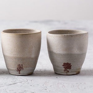 Set of 2 Beige Ceramic Cups, Modern Tea Cups Set, 8.5 oz Small Beige Coffee Tumblers