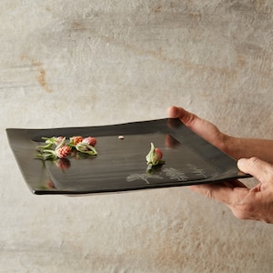 Black Large Handmade Ceramic Square Platter, Modern Cake Serving Dish, Black Pottery Sushi Tray