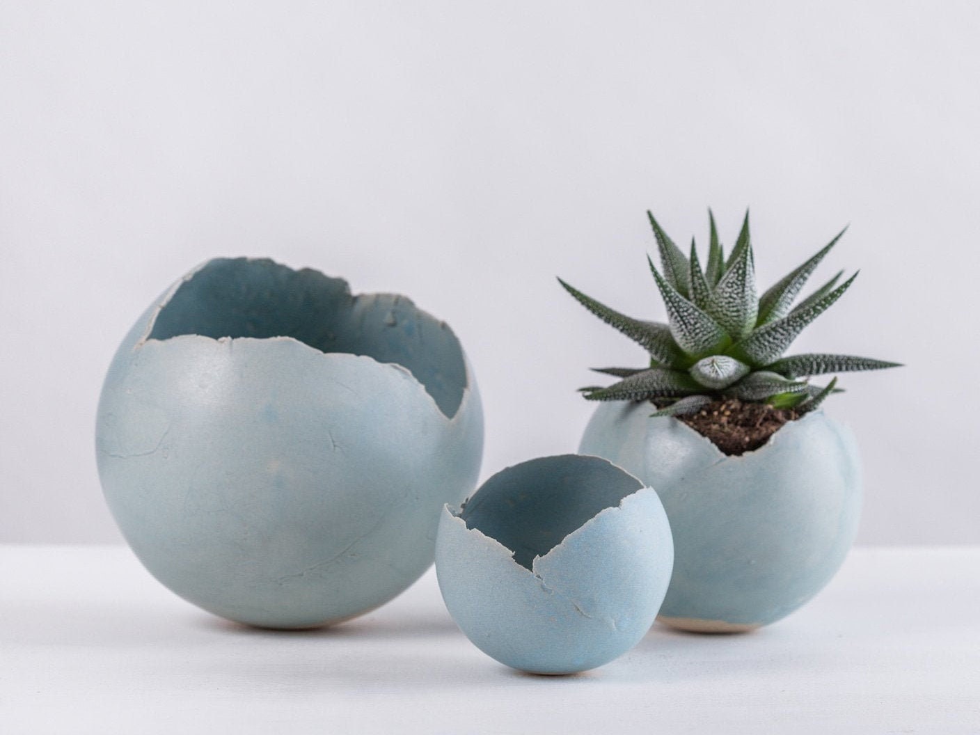 Ensemble de 3 Planteurs en Céramique Bleu Clair | Ensemble Vases Forme d'œuf