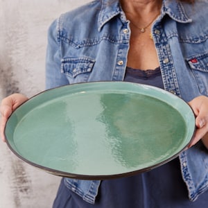 Extra Large Turquoise Round Serving Platter, Ceramic Cake Plate, Pottery Handmade Modern Dinner Serving Dish, Mother Christmas Gift