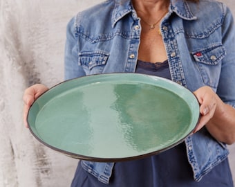 Extra Large Turquoise Round Serving Platter, Ceramic Cake Plate, Pottery Handmade Modern Dinner Serving Dish, Mother Christmas Gift