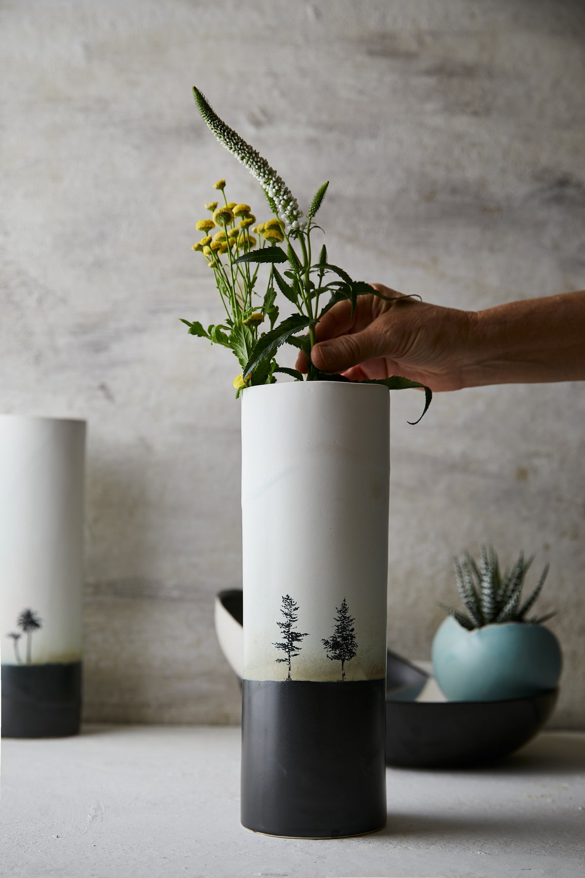 Black and White Tall Flower Vase Ceramic Handmade Bud Vase Etsy