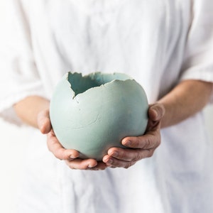 Large Light Blue Ceramic Planter With Drainage Hole And Saucer