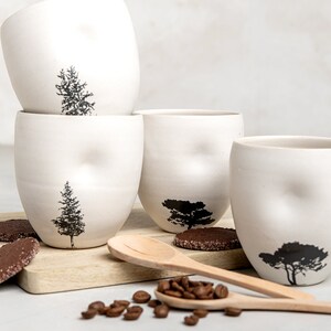 Set of 4 White Ceramic Mugs with Tree Decals without Handles, Ceramic Modern Teacups, Small White Tumblers image 2