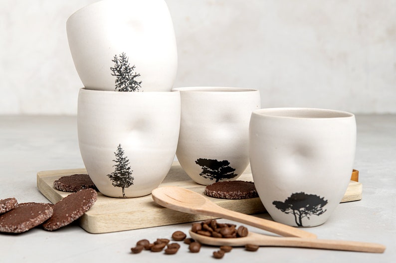 Set of 4 White Ceramic Mugs with Tree Decals without Handles, Ceramic Modern Teacups, Small White Tumblers image 2