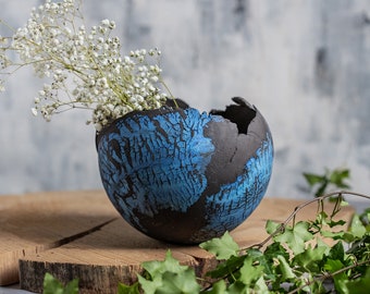 Large Blue And Black Ceramic Pot | Modern Succulent Planter