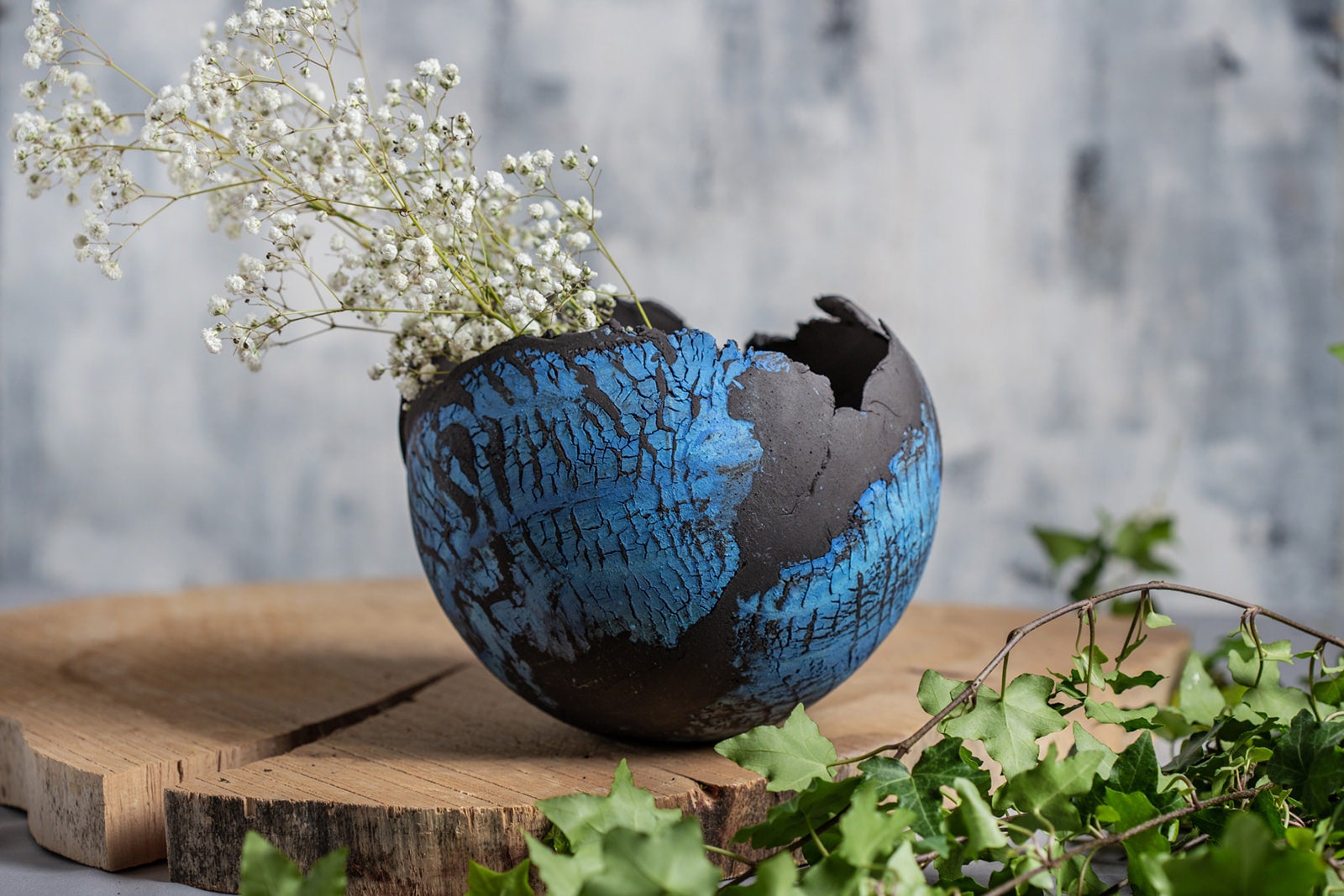 Grand Pot en Céramique Bleue et Noire | Jardinière Succulente Moderne