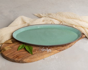 Ceramic Large Turquoise 13.5" Long Oval Platter, Rustic Handmade Pottery Serving Dish, Dinner Serving Dish, Ceramic Large Decorative Tray