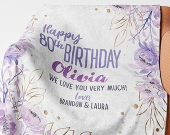 80th Birthday Blanket For Her, 80 Year Old Birthday Gifts for Women, Personalized Blanket For Mom Great Grandma, or Custom Any Age Purple