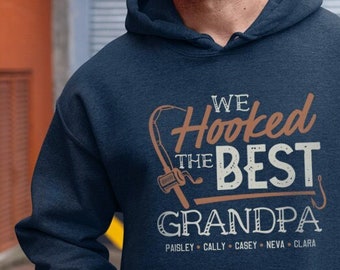 Personalized Grandpa Dad Fishing Hoodie Sweatshirts, Fishing Gift For Grandpa with Grandkids Name, Fathers Day, Birthday Fishing Lover