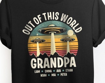 Personalized Out Of This World Grandpa Shirt, Fathers Day Gift Shirt, Space Design, Retro Alien UFO Flying Saucer Tee, Custom Astronaut Gift