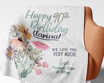 90th Birthday Blanket For Her, 90 Year Old Birthday Gifts for Women, Personalized Blanket For Mom Great Grandma, or Custom Any Age