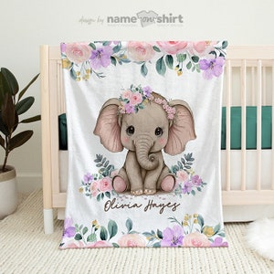 Personalized Baby Name Blanket, Pink Baby Girl Elephant, Floral Elephant Blanket, Floral Girl Baby Name Blanket, Custom Name Baby Gift