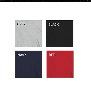 May include: Four colour swatches of t-shirt fabric: grey, black, navy, and red. The text "NAME on SHIRT" is below the swatches.