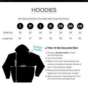 May include: A chart showing hoodie sizes in inches. The chart includes width and length measurements for sizes S through 4XL. A diagram shows how to measure a hoodie for accurate sizing.