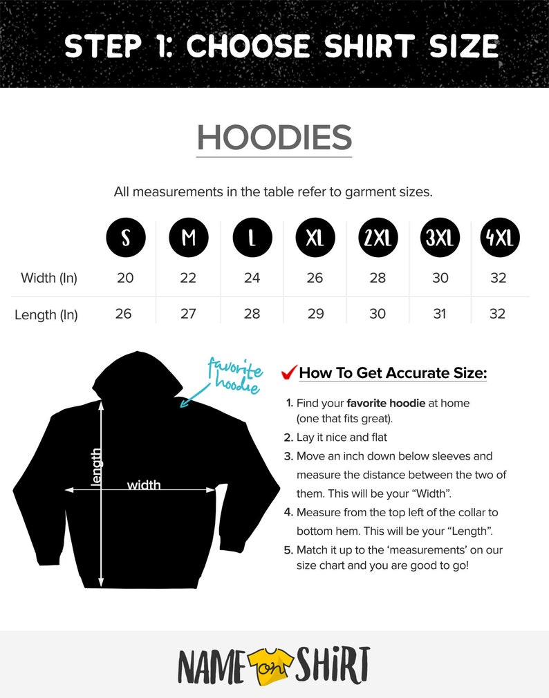 May include: A chart showing hoodie sizes in inches. The chart includes width and length measurements for sizes S through 4XL. A diagram shows how to measure a hoodie for accurate sizing.