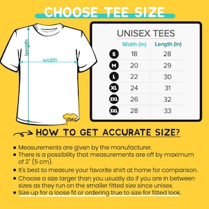 Pu&ograve; includere: Un grafico che mostra le taglie delle magliette unisex con misure di larghezza e lunghezza in pollici. Il grafico include le taglie S, M, L, XL, 2XL e 3XL. Il grafico &egrave; su uno sfondo giallo con testo nero. Sotto il grafico c'&egrave; un elenco di suggerimenti su come ottenere una taglia precisa.