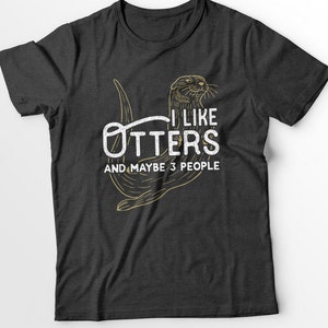 May include: A dark grey t-shirt with a graphic of an otter and the text "I like otters and maybe 3 people".