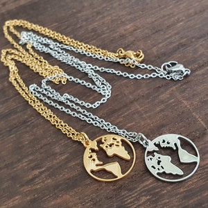 Edelstahlkette Welt - Weltkarte Anhänger - Weltanhänger - minimalistische Kette - Layering Halskette - Welt Medaille - Globus Anhänger