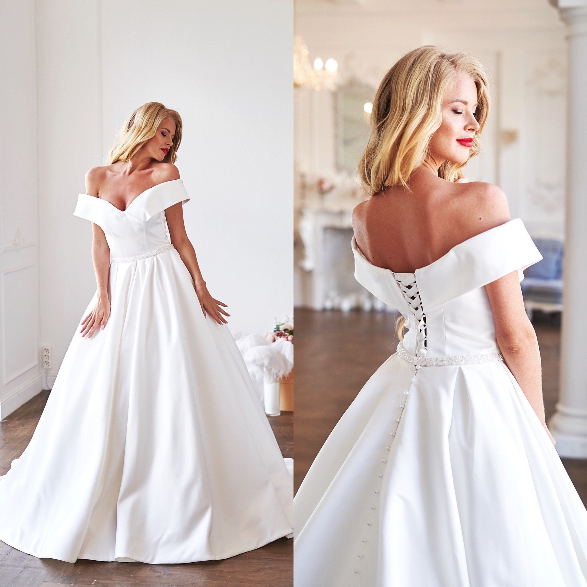 a line off the shoulder satin wedding dress