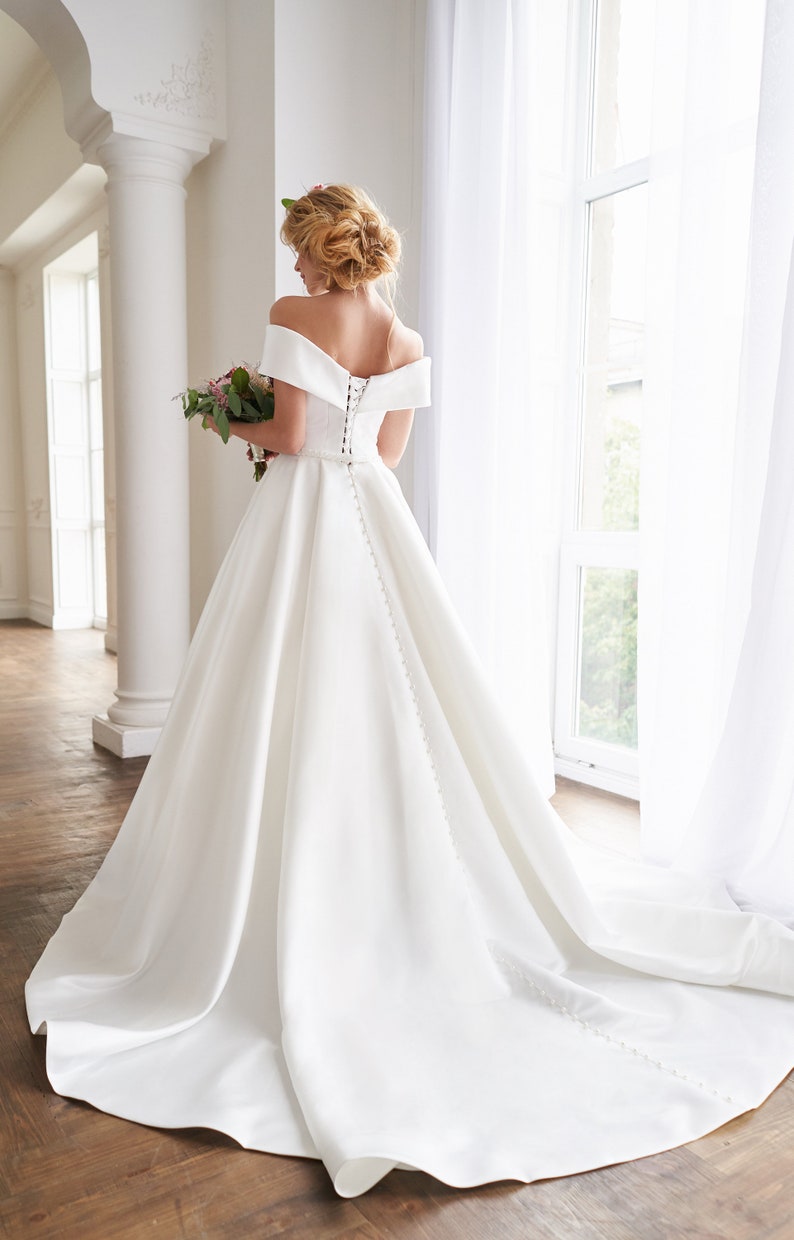 Royal satin wedding dress, Classy wedding dress, Modest satin wedding dress, Off shoulder satin wedding dress, Simple elegant wedding dress image 5