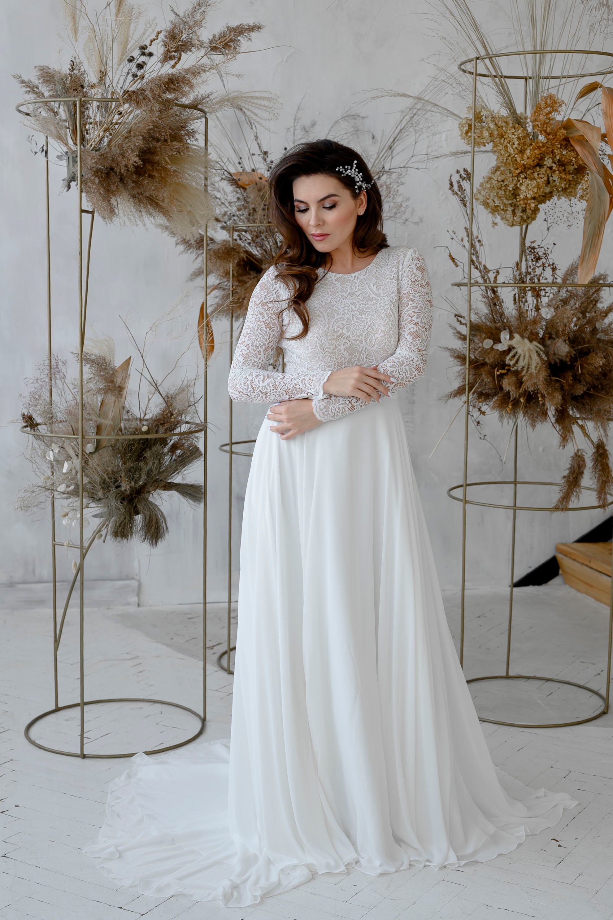 Long sleeves wedding dress Lace wedding dress Chiffon skirt | Etsy