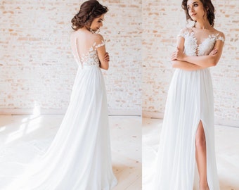 Wedding dress boho, Chiffon bridal dress, Simple Romantic wedding dress, Beach wedding dress