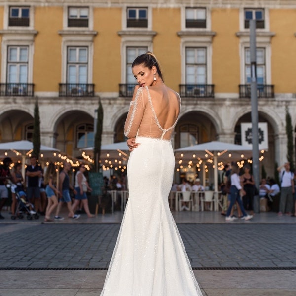 Rustic wedding gown, Open back wedding dress, Lace sleeves wedding dress, Long sleeves bridal gown