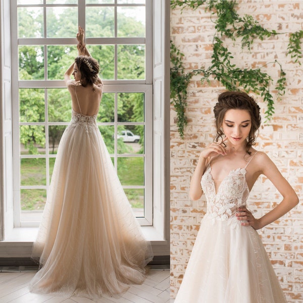 Sexy wedding dress, Beach bridal gown, Modest bridal dress, Fairy Color Peach wedding dress