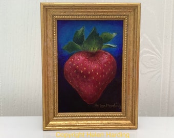 Hand-Painted Strawberry Picture: Miniature Acrylic Painting with Gold Frame